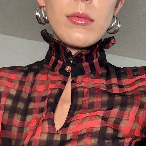 CHANEL (EU 34) SHEER BLOUSE PLAID GINGAM RUFFLE COLLAR - Picture 2 of 14